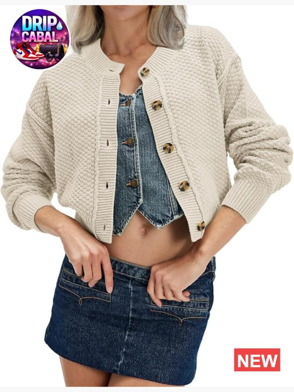 Cropped Cardigan for Women Button Down Crew Neck Long Sleeve Knit Sweater